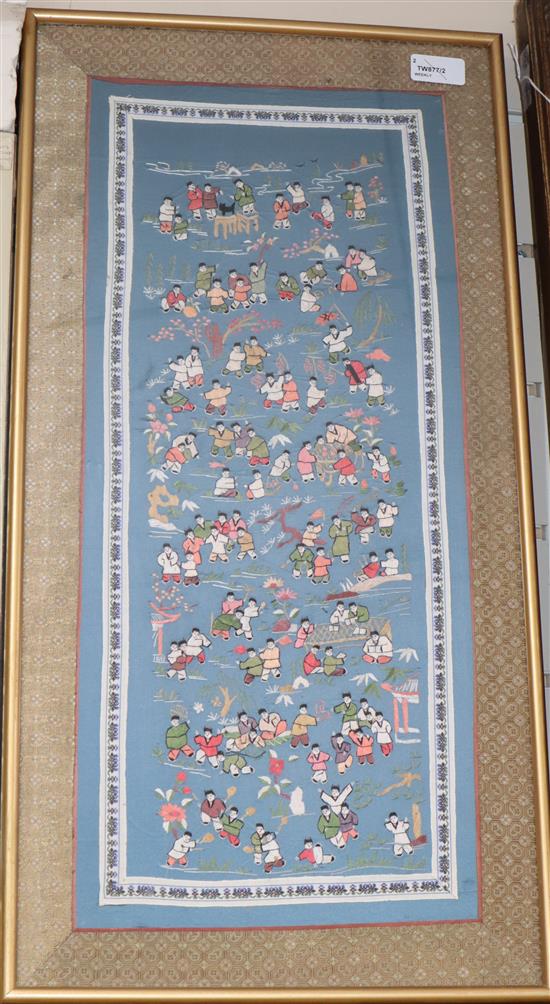 A Chinese embroidered silk Hundred Boys panel and a 1904 Woolland Brothers advertisement